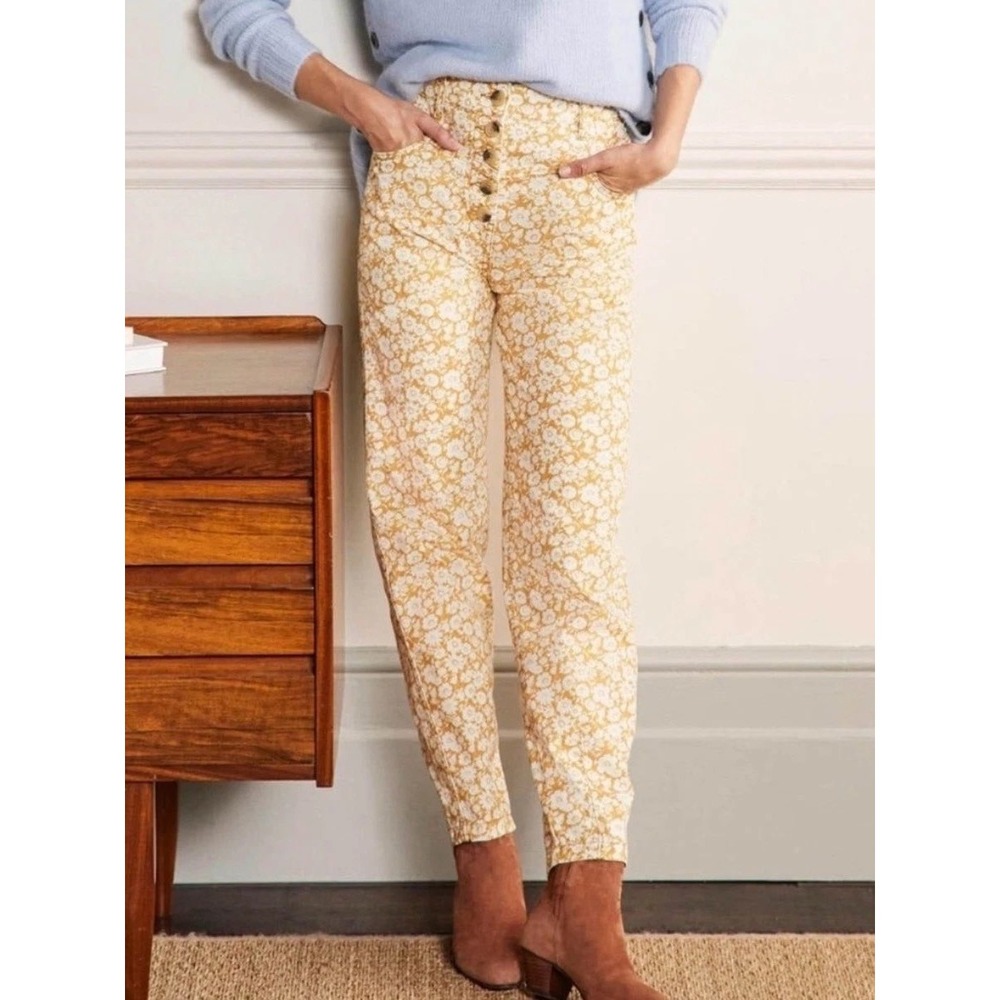 Boden Floral High Rise Tapered Pants Mustard Yellow Button Fly US 6R